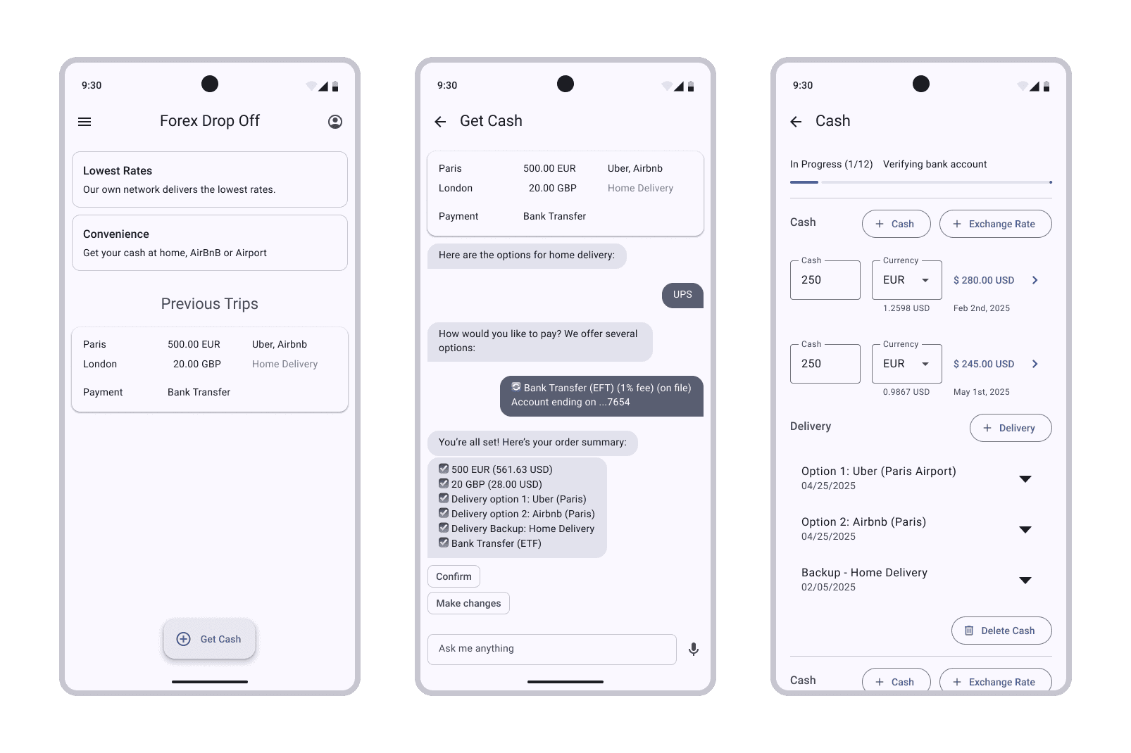 Wireframes showing conversational chatbot and form-based ordering flows