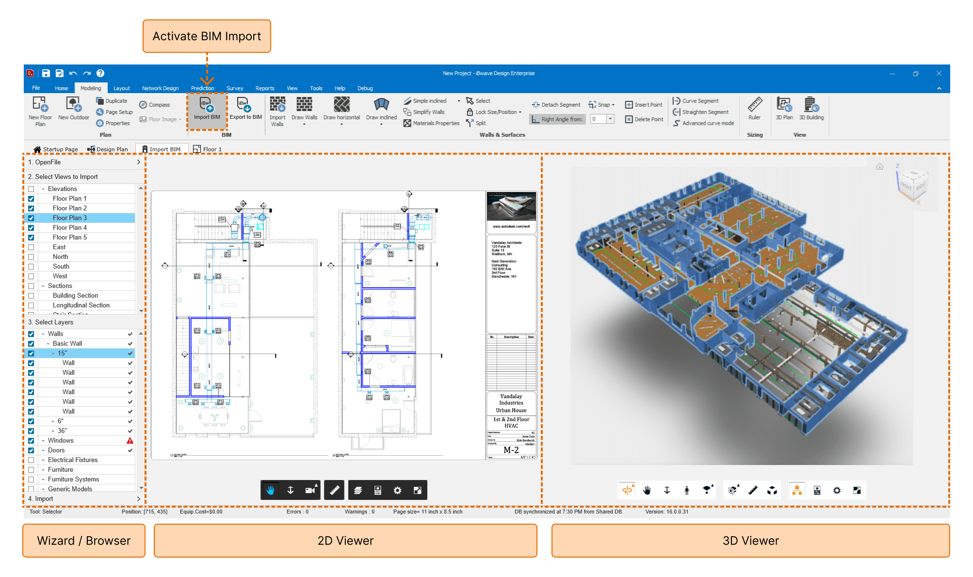 Three-panel workspace: wizard, 2D viewer, 3D viewer
